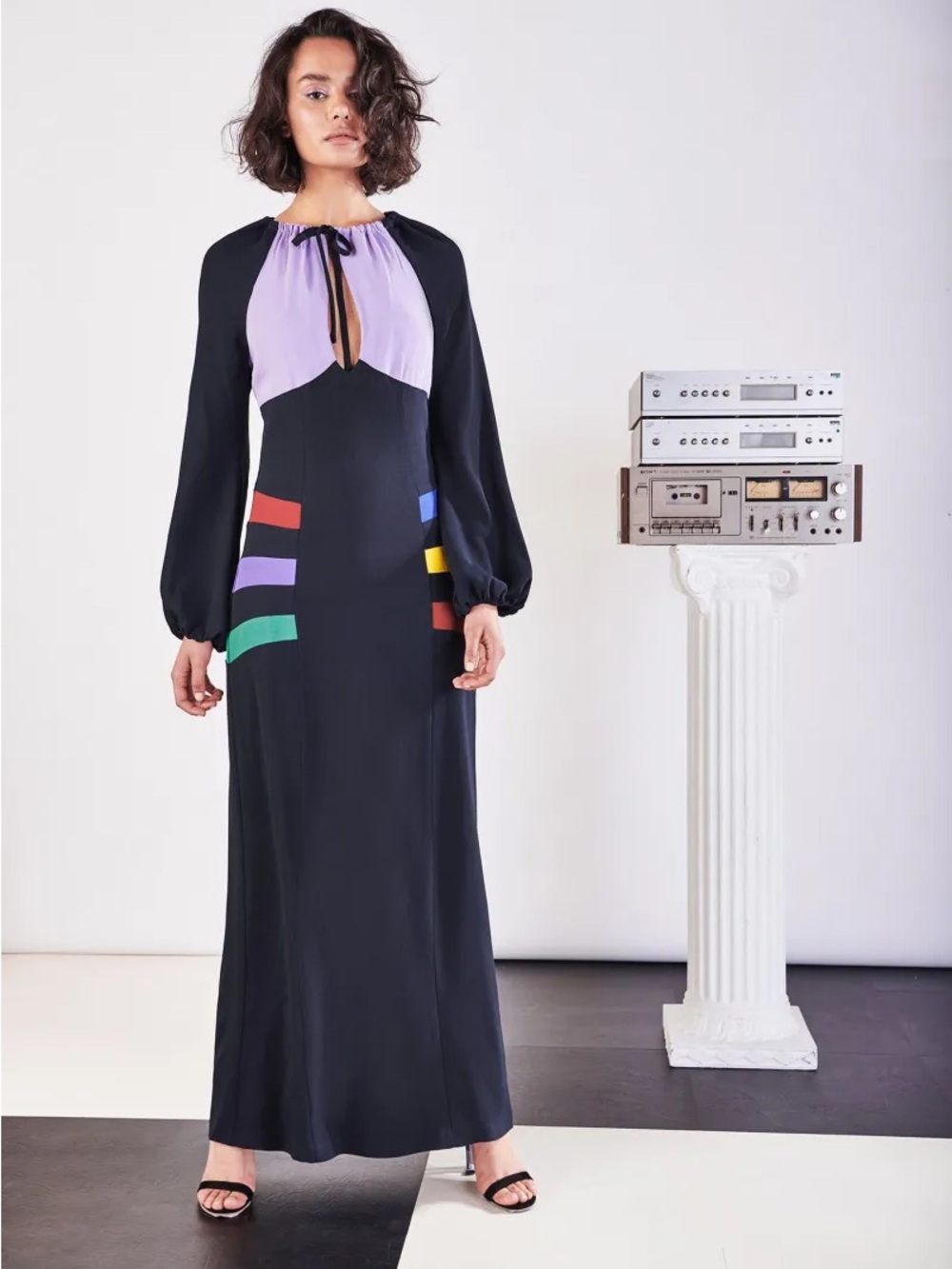 STAUD Black Maxi Dress with Lavender Yoke and Multicolor Bands